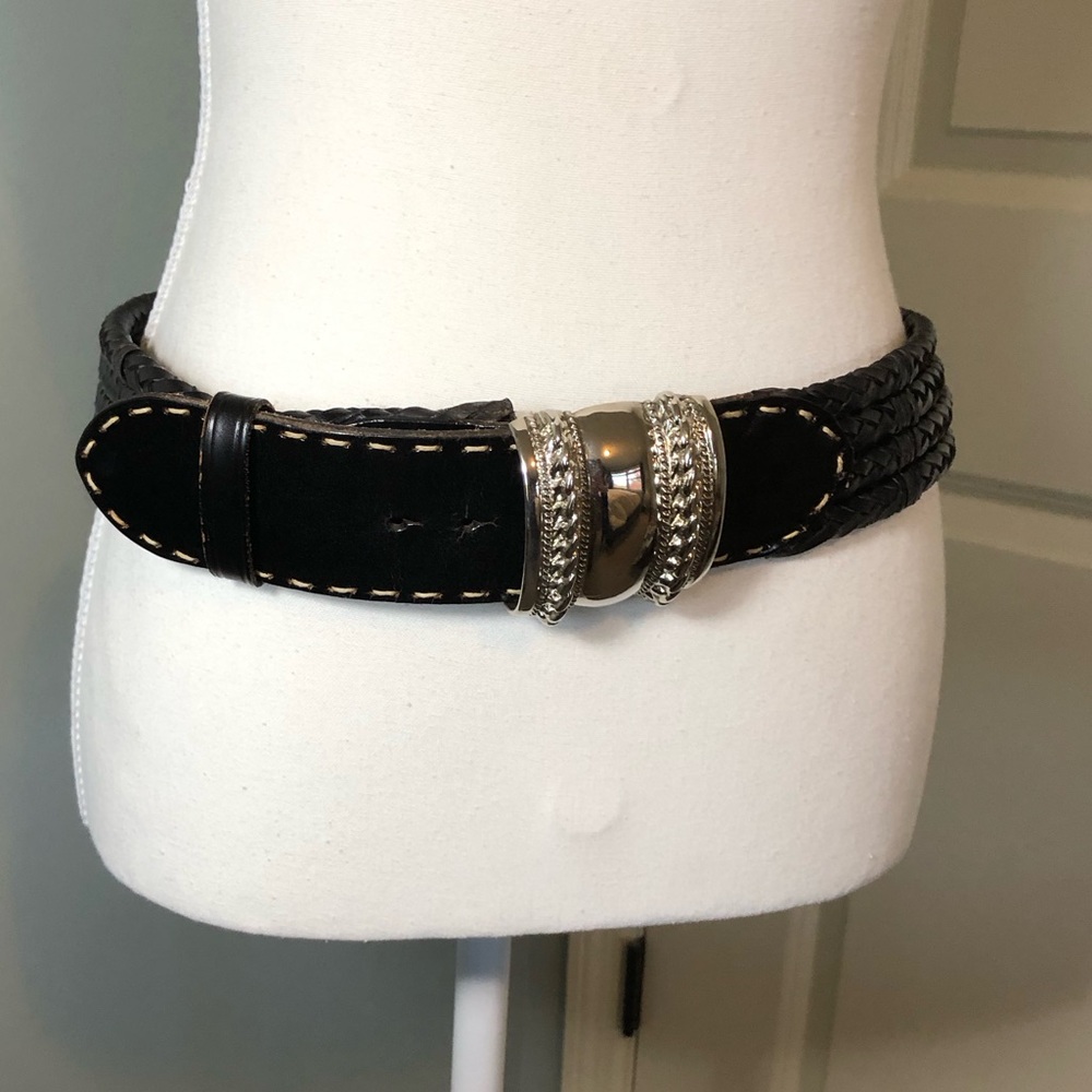 Vintage Leather Belt by The Limited. Braided Black Leather. Silver Buckle. Large